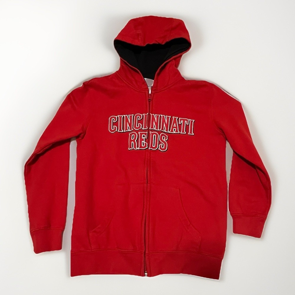 Cincinnati Reds Jacket Size Youth MEDIUM 10/12 Zip-Up Hoodie Red Embroidered